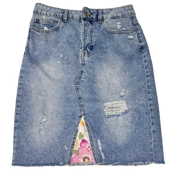 Upcycled‎ Artisan Distressed Jean Skirt With Floral Trim, Button Fly, size 12 - Picture 1 of 11